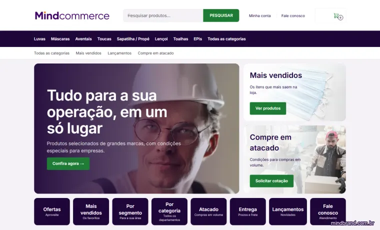 Template Mindcommerce: página inicial de uma loja com busca, categorias e banners