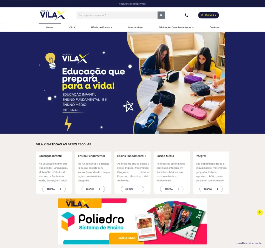 Site atual do Colégio Vila X com os níveis de ensino