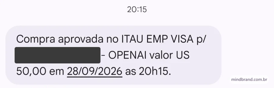 Mensagem do banco informando compra aprovada da OpenAI no valor de 50 dólares, recebida ao cadastrar o cartão no Ads Manager, com o nome do titular ocultado